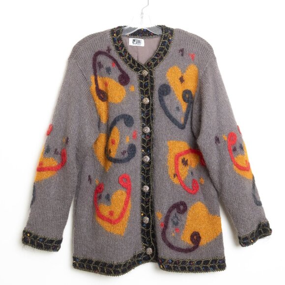Vintage Sweaters - Vintage Mohair Wool Blend Cardigan Jacket Beaded Gray Multicolor June Bride